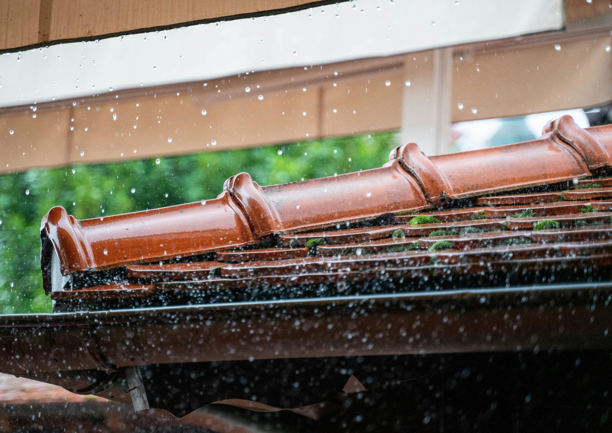 close-up of a roof during heavy rain